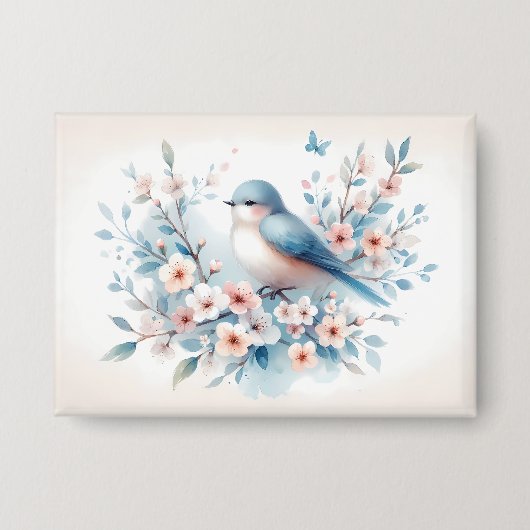 Blauw Vogel Bloesem Waterverf Sereniteit Button (Voorkant)