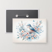 Blauw Vogel Bloesem Waterverf Sereniteit Button (Voorkant / Achterkant)