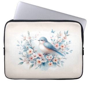 Blauw Vogel Bloesem Waterverf Sereniteit Laptop Sleeve