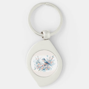 Blauw Vogel Bloesem Waterverf Sereniteit Sleutelhanger