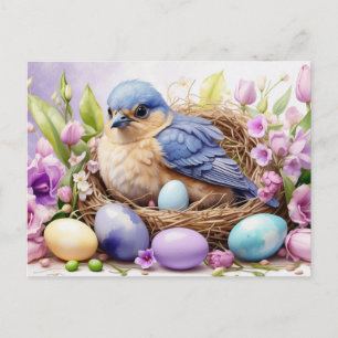 Blauw Vogel Nestelen en Pasen Eieren, Bloemen Feestdagenkaart