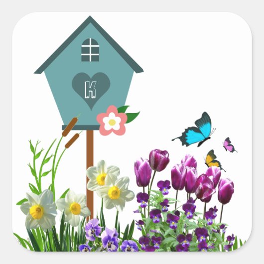 Blauw vogelhuis in vlinderbloementuin vierkante sticker (Voorkant)