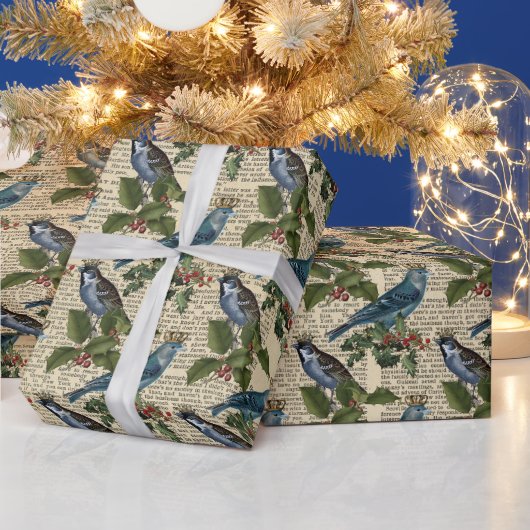 blauw vogelhutkrantenkerst cadeaupapier (Feestdagen)