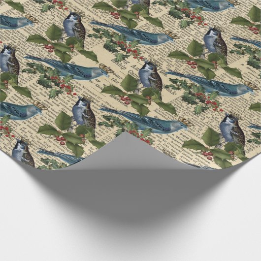  blauw vogelhutkrantenkerst cadeaupapier (Hoek)