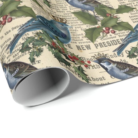  blauw vogelhutkrantenkerst cadeaupapier (Rol Hoek)