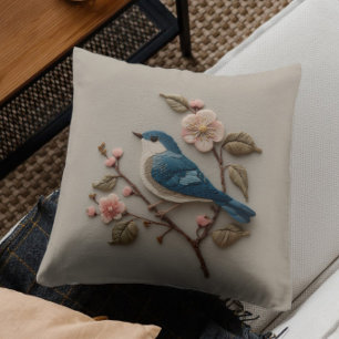 Blauw Vogelmotief met Nepborduurwerk in Vintage St Kussen