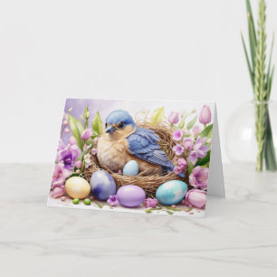 Blauw Vogelnest en Pasen Eieren, Bloemen  Feestdagen Kaart