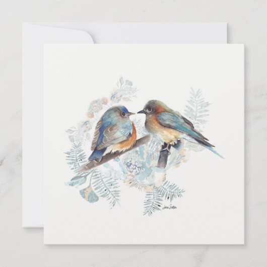 Blauw vogelpaar aquarel met bloemen (Voorkant)