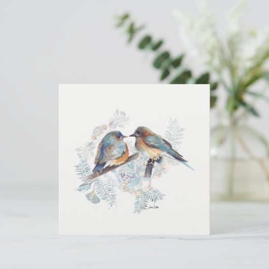 Blauw vogelpaar aquarel met bloemen (Staand voorkant)