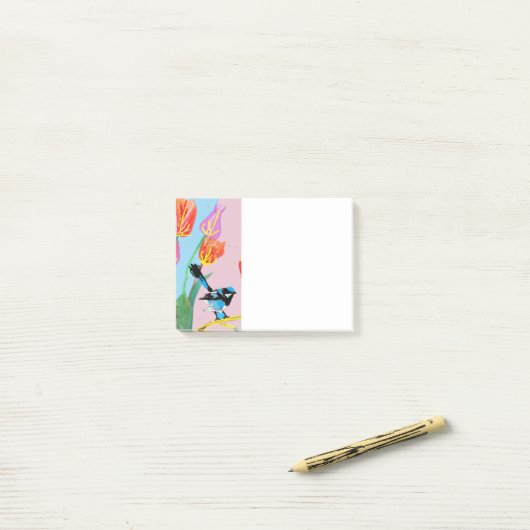 Blauw vogelpatroon roze vogels plaatsen notities post-it® notes (Op bureau)