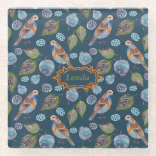 Blauw vogelpatroon Waterverf Glazen Onderzetter