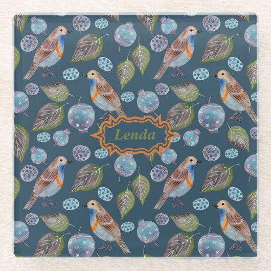 Blauw vogelpatroon Waterverf Glazen Onderzetter (Voorkant)