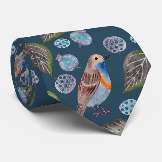 Blauw vogelpatroon Waterverf Stropdas (Opgerold)