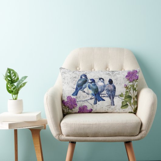 Blauw vogels paarse bloemen grijs bladmuziek vinta kussen (Stoel)