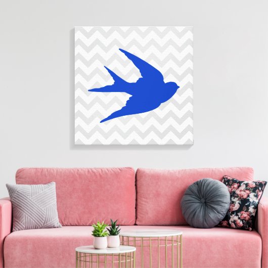 Blauw Vogelsilhouet op Chevron Stripes Canvas Afdruk (Insitu (Woonkamer))