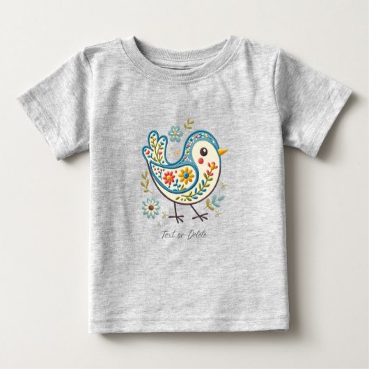 Blauw Vogeltje Bloemetjes Baby T-Shirt (Voorkant)