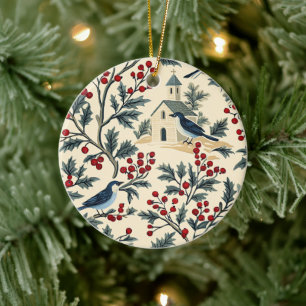 Blauw vogeltje kerst crème rood keramisch ornament