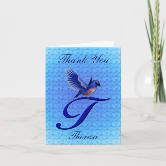 Blauw vogeltje Monogram Initiaal T Persoonlijk Bedankkaart (Voorkant)