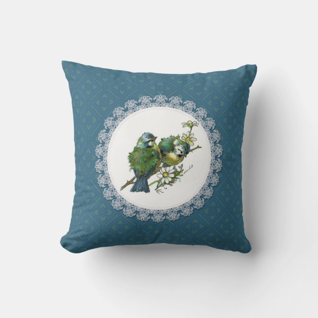 Blauw vogeltjes vintage kussen (Voorkant)