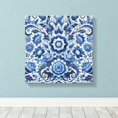 Blauw Volkskunst Bloemmotief Canvas Afdruk (Insitu (Houten vloer))