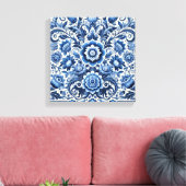 Blauw Volkskunst Bloemmotief Canvas Afdruk (Insitu (Woonkamer))