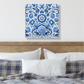 Blauw Volkskunst Bloemmotief Canvas Afdruk (Insitu (Slaapkamer))