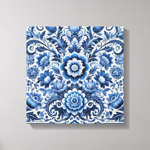 Blauw Volkskunst Bloemmotief Canvas Afdruk