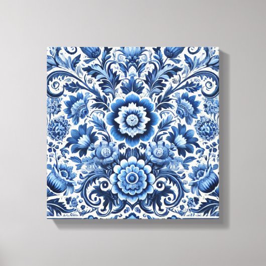 Blauw Volkskunst Bloemmotief Canvas Afdruk (Voorkant)