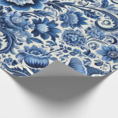 Blauw Volkskunst Bloempatroon Cadeaupapier (Hoek)