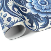 Blauw Volkskunst Bloempatroon Cadeaupapier (Rol Hoek)