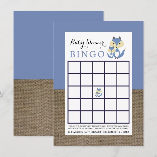 Blauw Vos Jute Baby Shower Bingo Kaart (Voorkant / Achterkant)