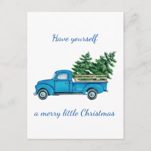  blauw vrachtwagen en tast kerstbomen af aankondigingskaart