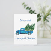  blauw vrachtwagen en tast kerstbomen af aankondigingskaart (Staand voorkant)