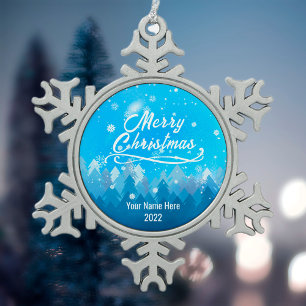 Blauw vredig sneeuwbos Vrolijk kerstfeest Tin Sneeuwvlok Ornament