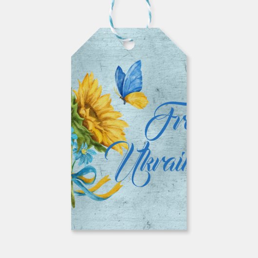 Blauw-vrij Oekraïne Zonnebloem & vlinder Cadeaulabel (Achterkant)