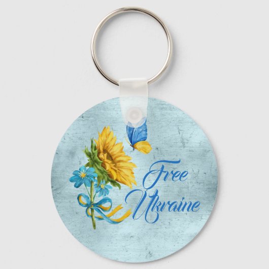 Blauw-vrij Oekraïne Zonnebloem & vlinder Sleutelhanger (Voorkant)