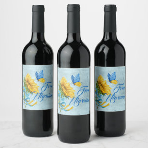 Blauw-vrij Oekraïne Zonnebloem & vlinder Wijn Etiket