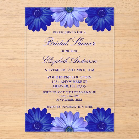 Blauw Vrijgezellenfeest van Floral Acryl Uitnodigingen (Voorkant)