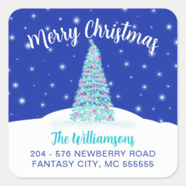 Blauw Vrolijk Kerstboom retour adres label