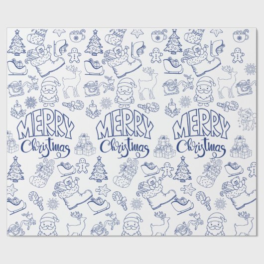Blauw Vrolijk Kerstcadeau inpakpapier (Vlak)