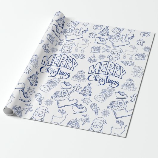 Blauw Vrolijk Kerstcadeau inpakpapier (Uitgerold)