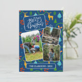 Blauw Vrolijk Kerstfeest in het bos Patroon Foto Feestdagenkaart (Staand voorkant)