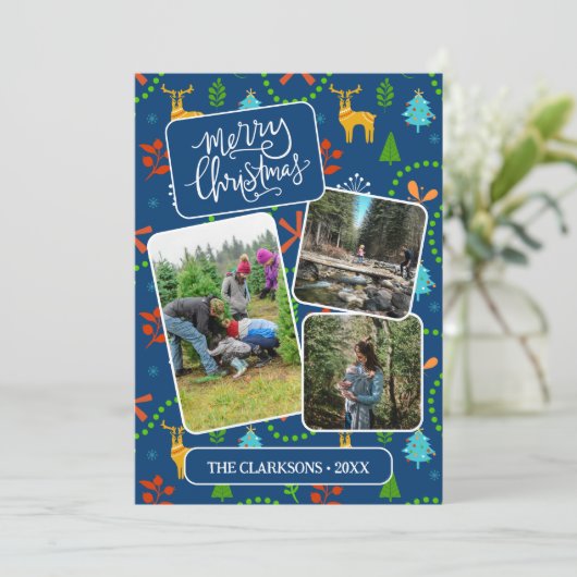 Blauw Vrolijk Kerstfeest in het bos Patroon Foto Feestdagenkaart (Staand voorkant)