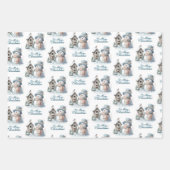 Blauw vrolijk kerstpapier inpakpapier vel (Voorkant 3)