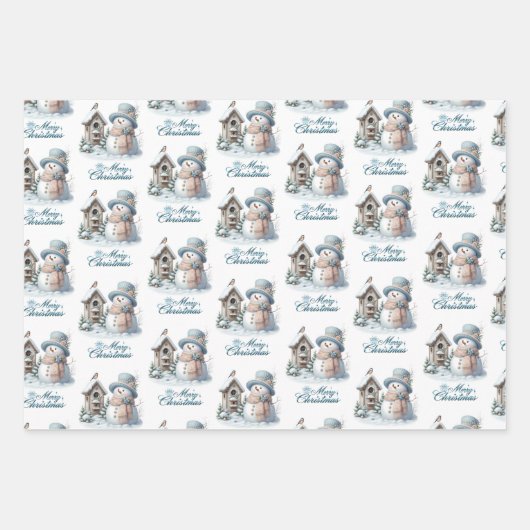 Blauw vrolijk kerstpapier inpakpapier vel (Voorkant)