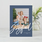 Blauw Vrolijke Script Foto Kerstkaart (Staand voorkant)