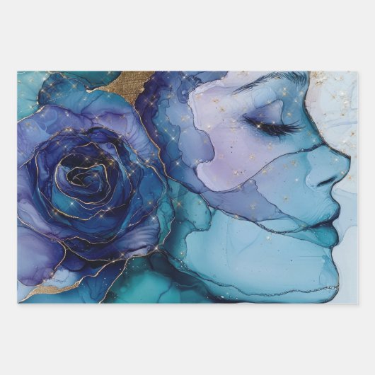 Blauw Vrouw Gezicht Goud Inspirerend Citaten Inpakpapier Vel (Voorkant 2)