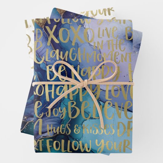 Blauw Vrouw Gezicht Goud Inspirerend Citaten Inpakpapier Vel (In situ)