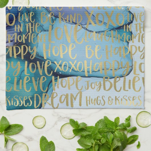 Blauw Vrouw Gezicht Goud Inspirerend Citaten Theedoek (Gevouwen)