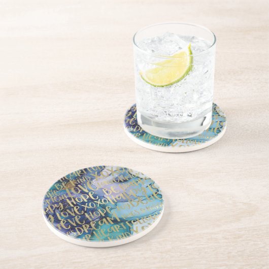 Blauw Vrouw Gezicht Goud Inspirerend Citaten Zandsteen Onderzetter (Zijkant)